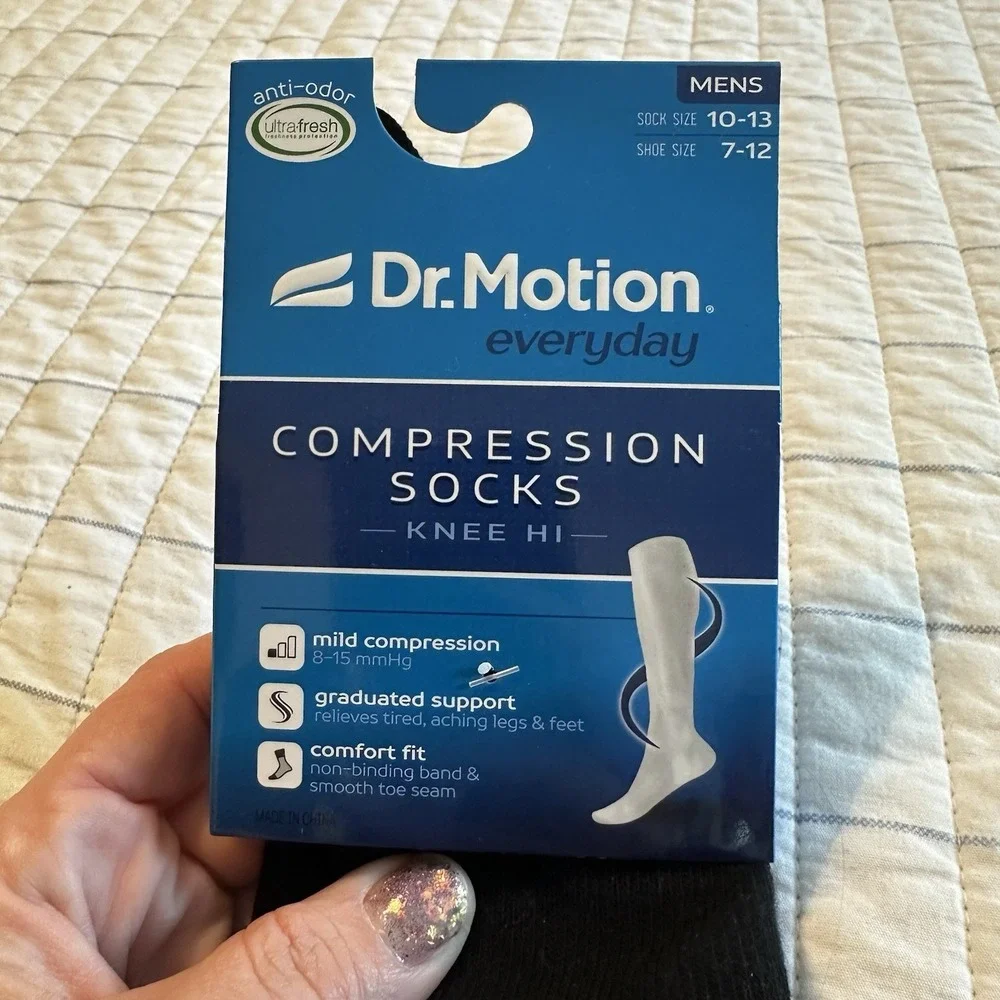 Compression Socks By Dr. Motion, Men's Sock Size 10-13,Shoe 7-12, Black, New‎